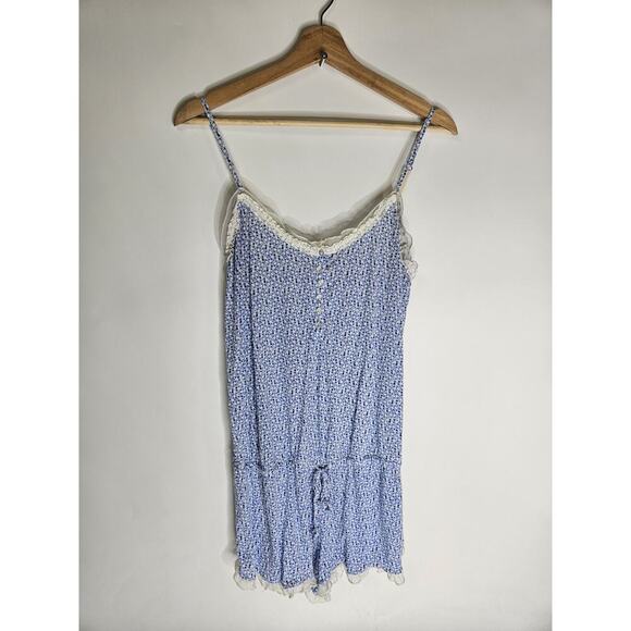 Victoria’s Secret Size M Blue Floral Romper Lingerie Sleepwear Ruffled Edge - Picture 1 of 3